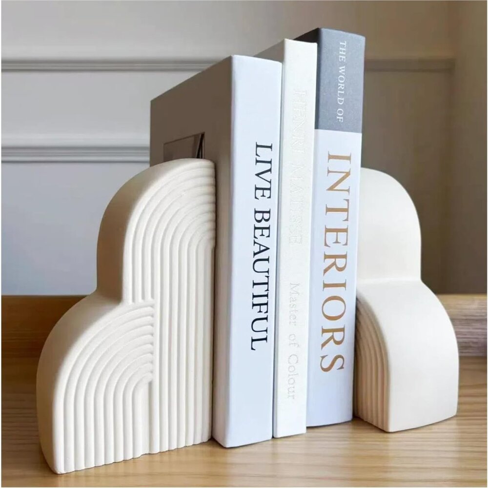 Concrete Bookends Decorative for Heavy Books - Aesthetic Boho Style Set of 2, Wh